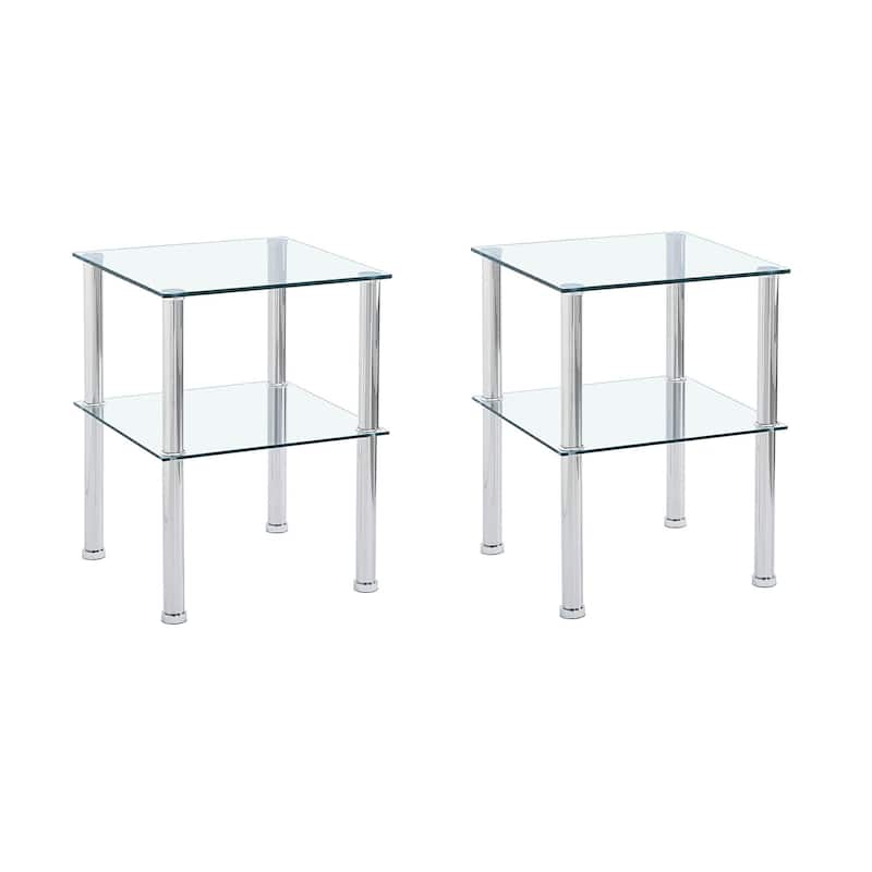HomeRoots Set of Two Clear and Silver Glass and Metal Square End Tables With Shelf - 17.71 in. x 23.62 in. x 17.71 in.