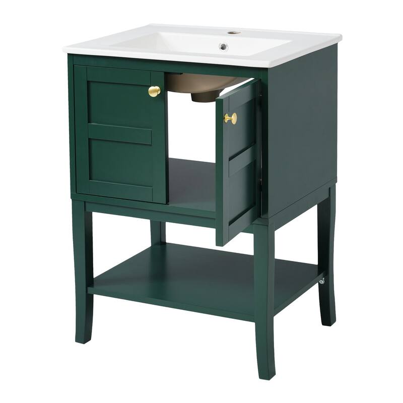 24 inch MDF Freestanding Bathroom Vanity Set in Green with Integrated Resin Sink