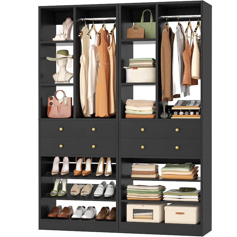 27.7'' Closet Organizer with Shoe Racks and Drawers, Closet System with Hanging Rod and Adjustable Shelves - Black - 2pcs