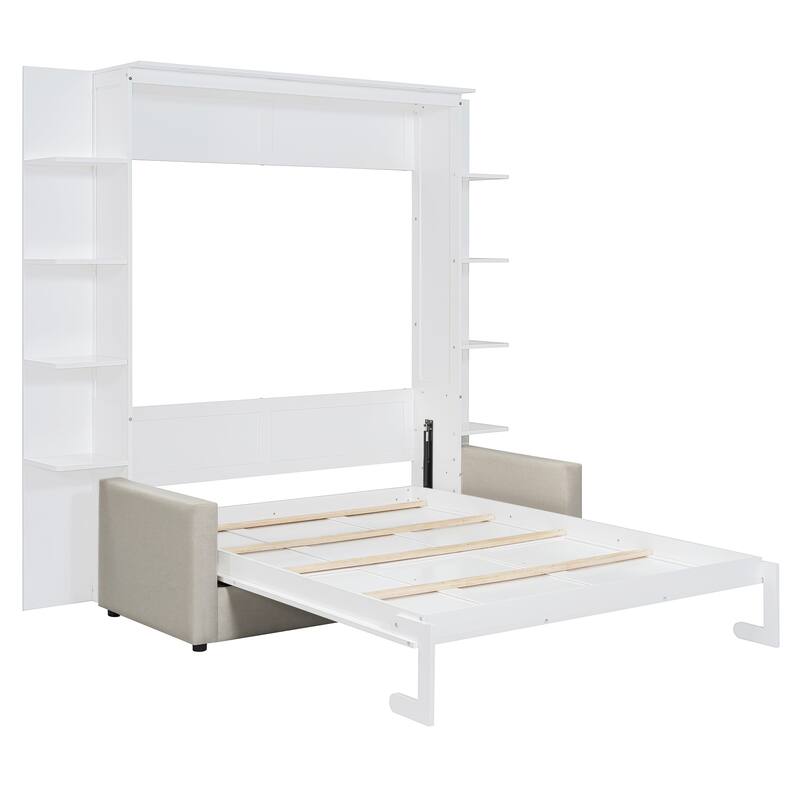 Roomfitters Queen Size Murphy Bed Wall Bed with Sofa and Side Shelves, Space-Saving Fold Down Bed