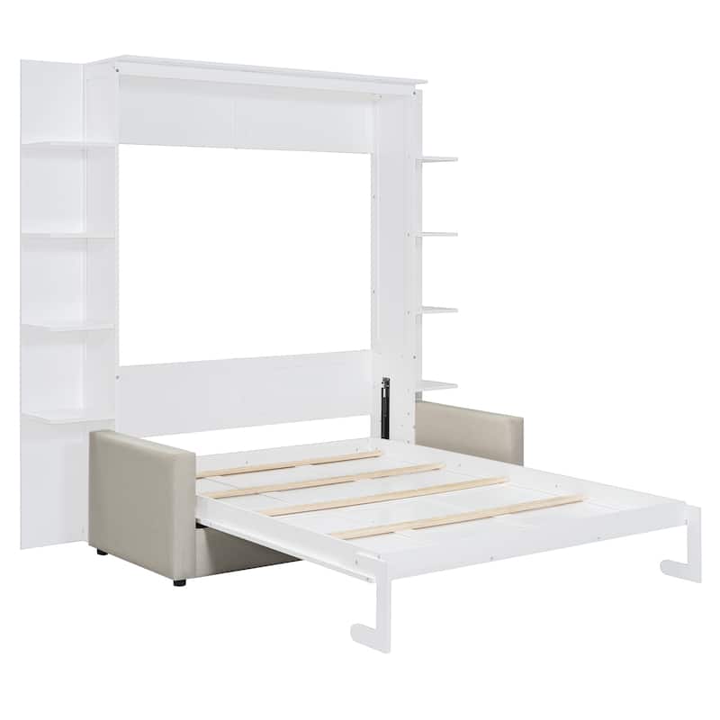 Space-Saving Queen Size Murphy Wall Bed with Sofa and Storage Shelves, LED Lights, and Foldable Cushions