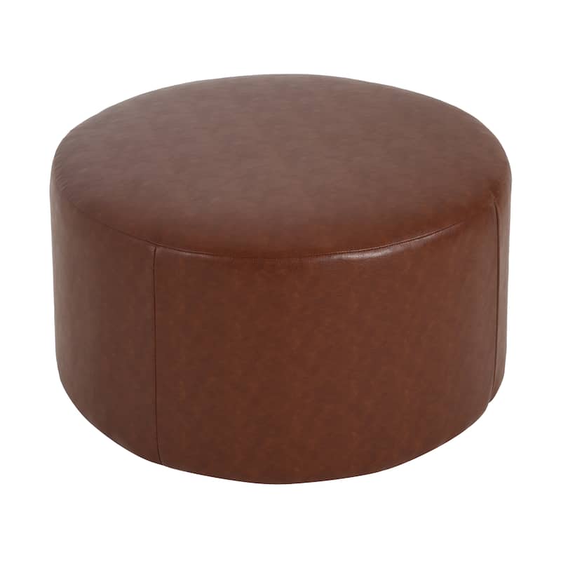 PU Leather Round Ottoman - Classic Brown Upholstered Accent Furniture