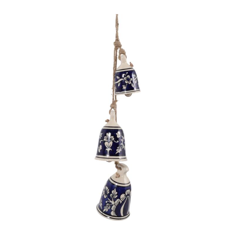 Ceramic Bells and Windchimes Handcrafted Hanging - 26" Ivory/Blue - 3" x 3" x 26"