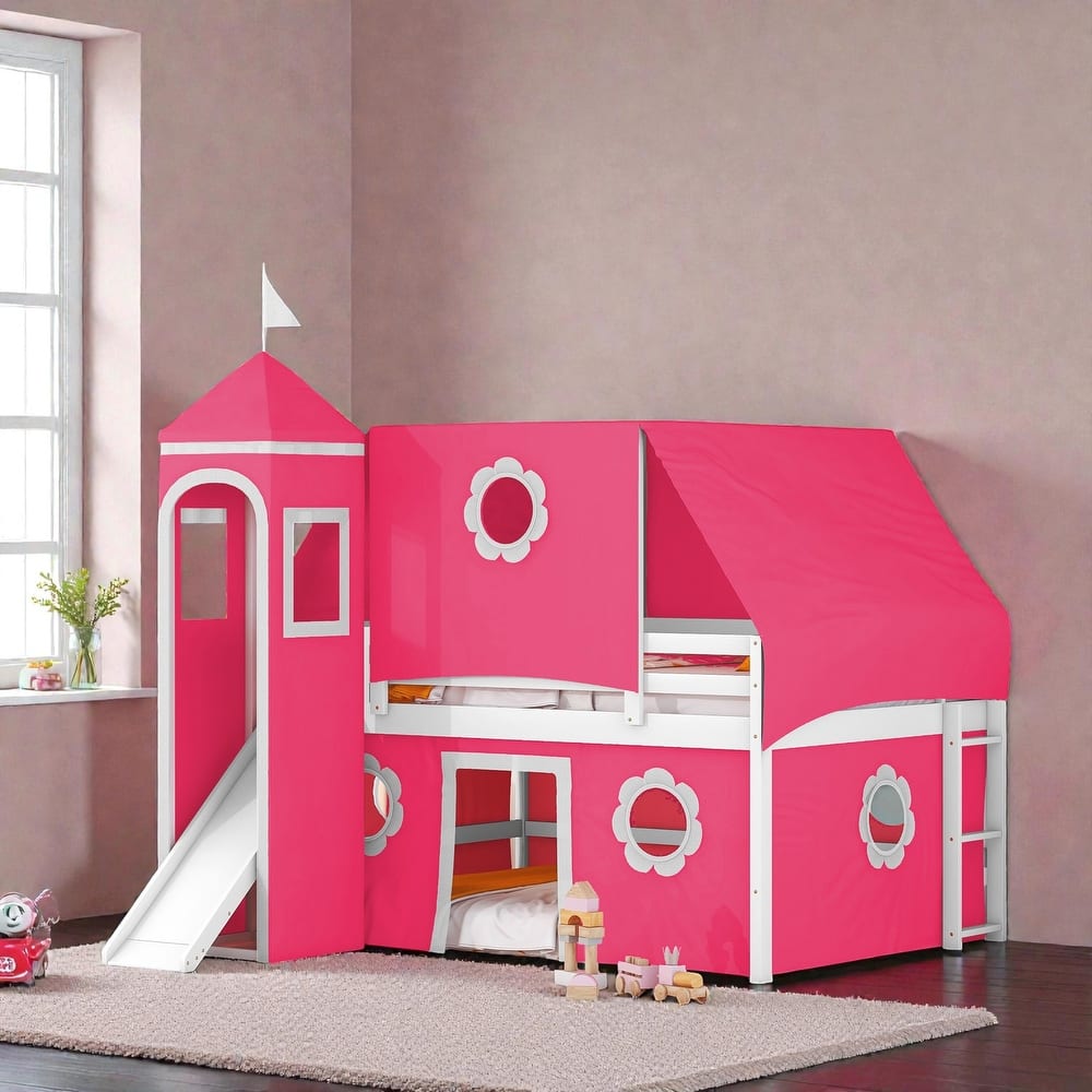 Kids Loft Bed with Slide, Tent and Tower, Solid Wood Castle Playhouse Loft