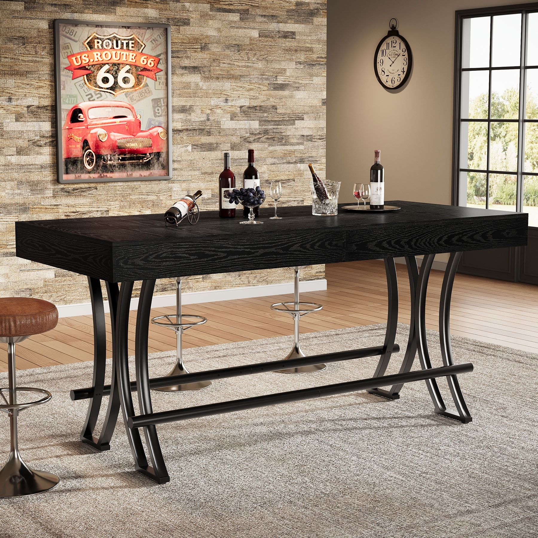 63" Counter Height Bar Table with Metal Footrest, Industrial Rectangular Tall Pub Table - 62.99"L x 27.56"W x 35.43"H