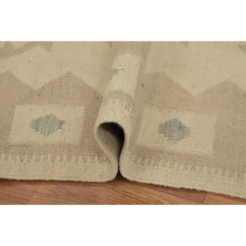 Hand Woven Oriental 100% Wool Carpet Southwestern Tribal Beige & Ivories Kilim Runner Rug - 9' 10'' X 2' 6''