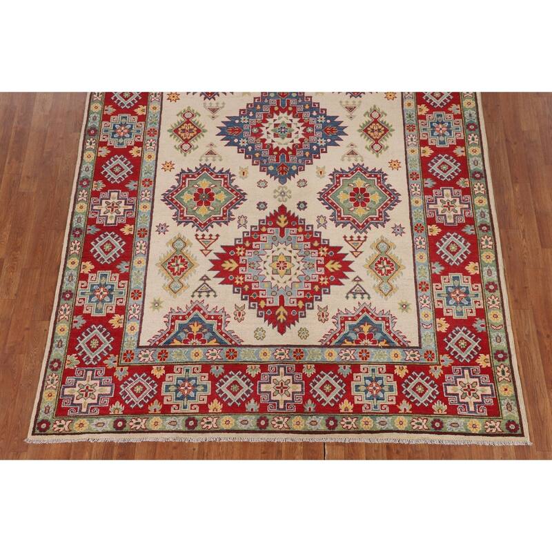Beige / Ivory Traditional Kazak Oriental Area Rug Handmade Wool Carpet - 6'7" x 9'10"