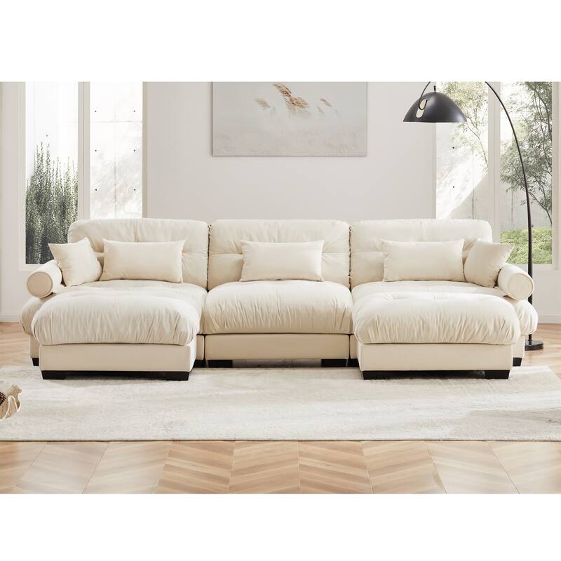 130" Velvet Modular Sectional Sofa with Ottomans & Pillows