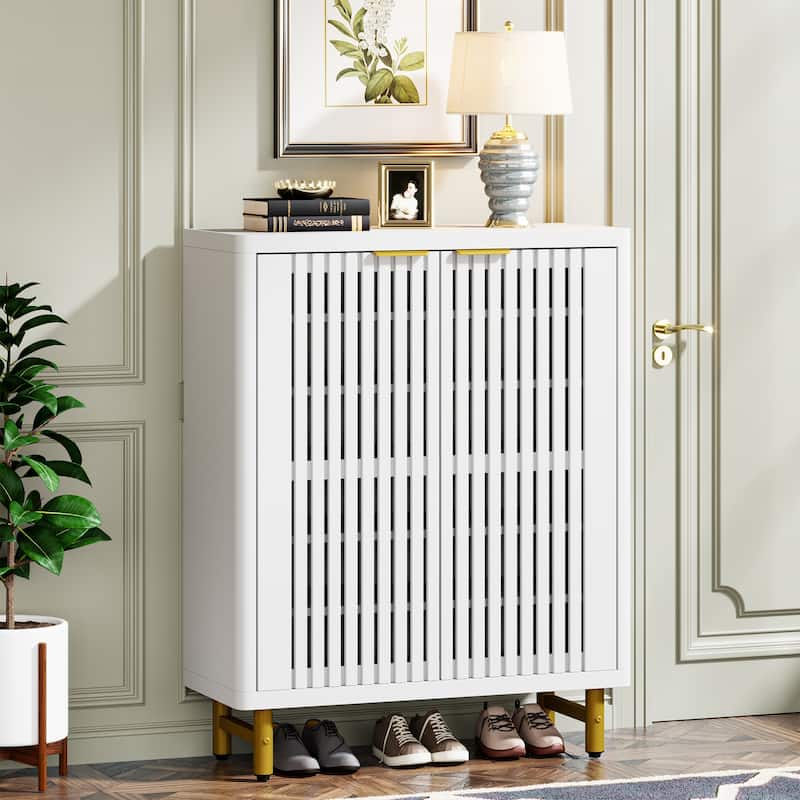 24 Pairs Shoe Storage Cabinet with Door for Entryway Living Room - White - without Open Shelf
