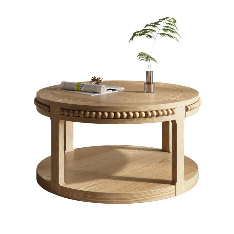 Round Solid Wood Coffee Table, Two-Tier Design with Sturdy Construction for Living Room Elegance