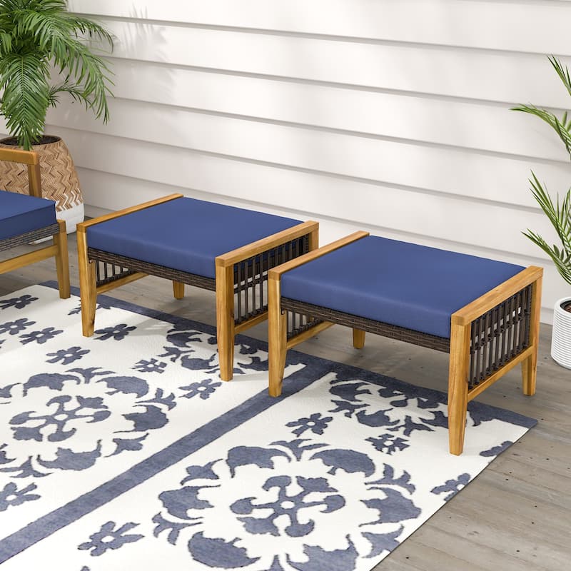 Outdoor Rattan Ottomans Set of 2 with Navy Cushions Acacia Wood Frame Footrest or Seat - 25.5" x 19.5" x 16" - Navy-Mix-Brown