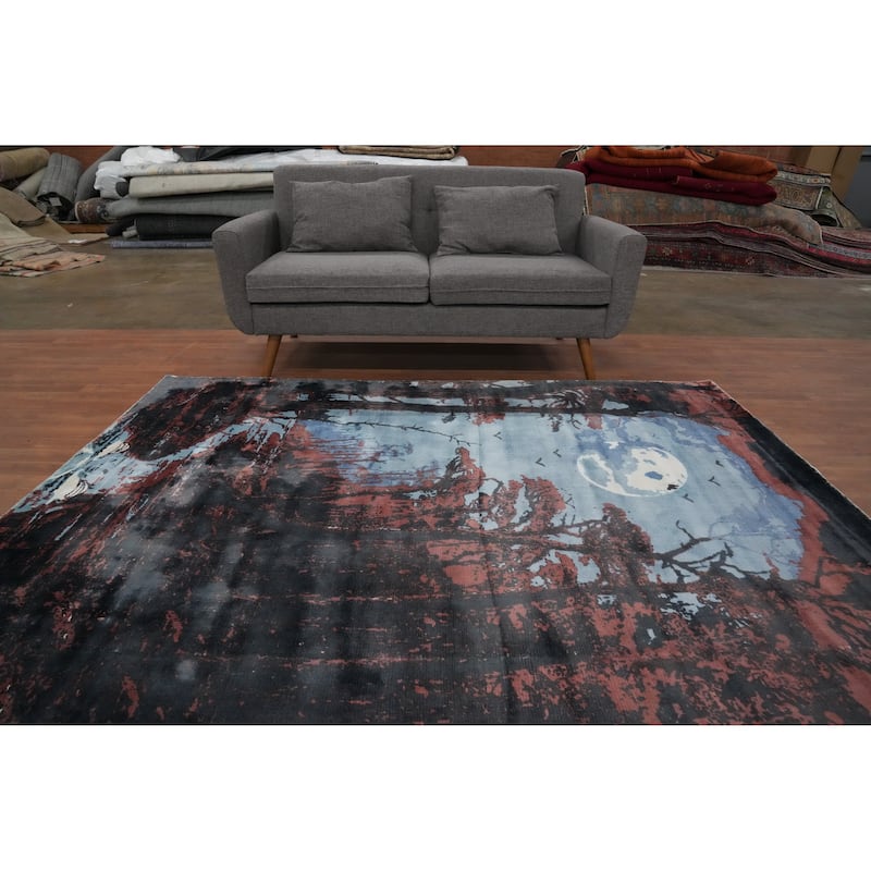 Hand Knotted Oriental Viscose Silk Carpet Modern Pictorial Multi-Colored Abstract Area Rug - 7' 8'' X 5' 7''
