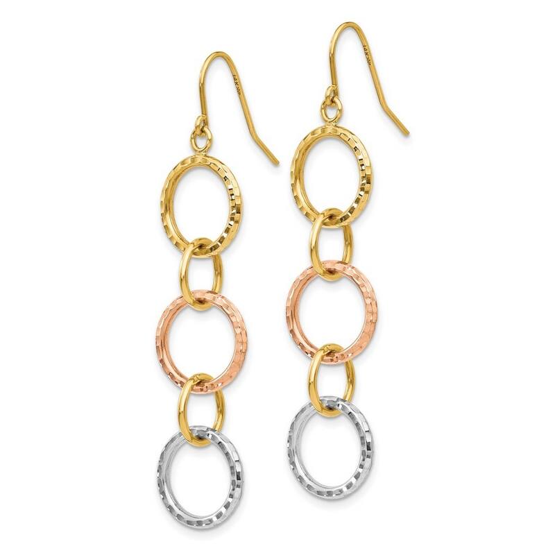 Curata 14k Tri Color Gold 59x11mm Diamond-cut Circles Dangle Hook Earrings