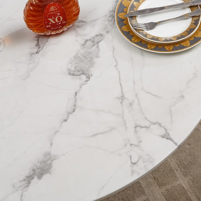 47" Round Dining Table with Faux Marble Tabletop and Stainless Steel Base - Silver+White
