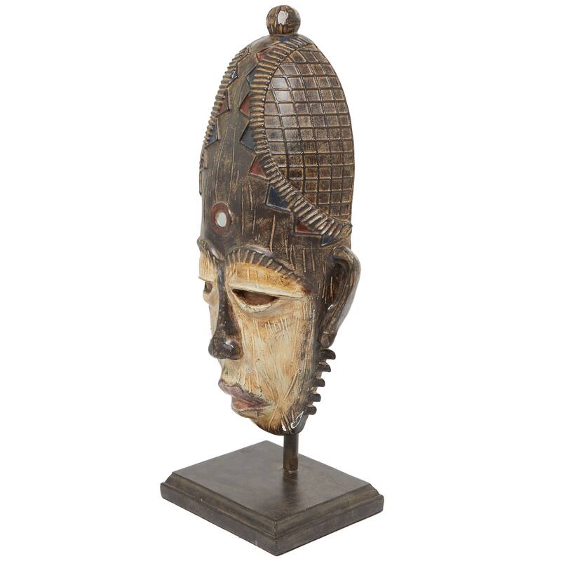 Brown Polystone Primitive African Mask and Standing African Woman Sculpture Wall Decor