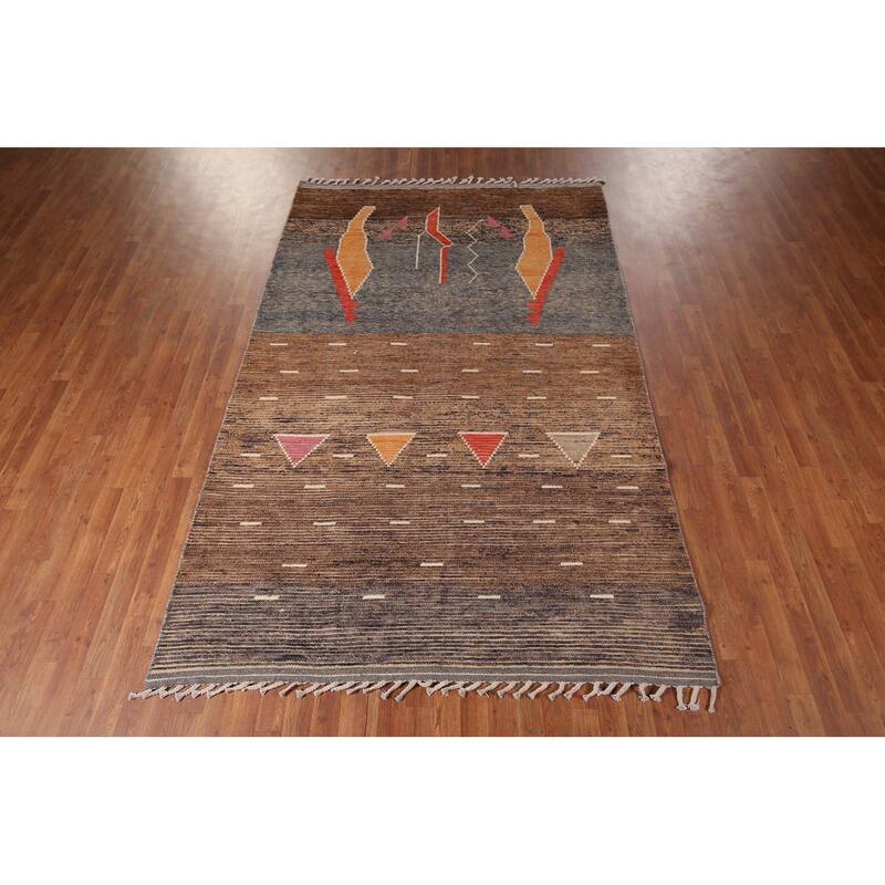 Brown Striped Moroccan Area Rug Hand-Knotted Wool Carpet - 5'10"x 9'3"