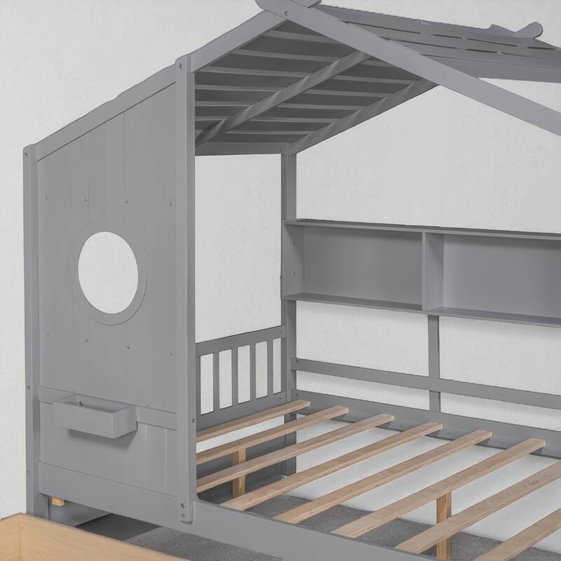 Wooden Twin/Full House Bed with Roof, 2 Storage Drawers & Rear Shelf, Kids Platform Bed with Slats, Gray