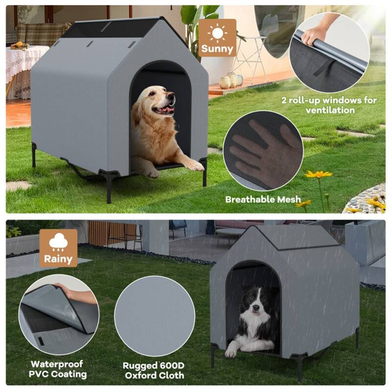 Portable Elevated Dog House with Waterproof Canopy and Ventilation Windows, Easy to Clean