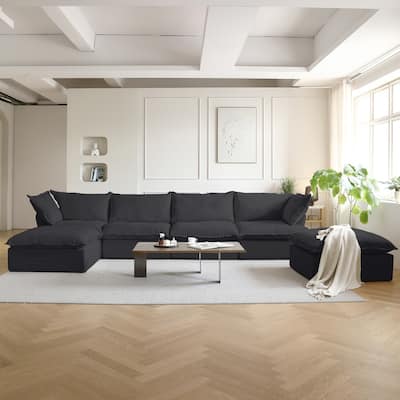 U Shape Couches for Living Room, 6-Seat Convertible Sectional Sofa With Ottoman
