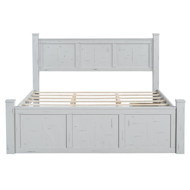 White Distressed Platform Bed Frame Wood Panel Bed w/ 3 Storage Drawers