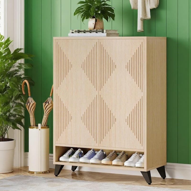 Natural MDF and Metal Shoe Cabinet with Hidden Adjustable Shelves Rebound Doors Anti Tip Storage Organizer for Home
