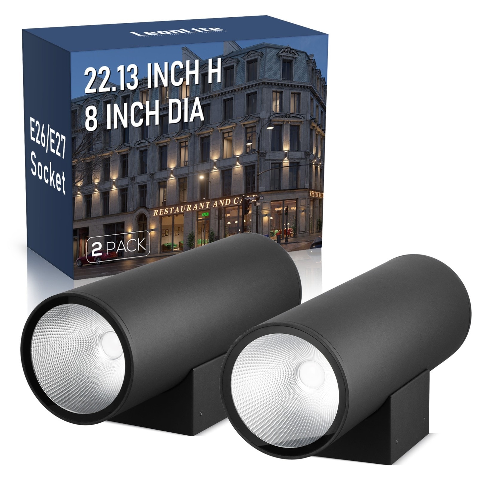 22 Inch 36W 5CCT LED Cylinder Up and Down Outdoor Wall Light, 100V-277V Dimmable Wall Sconce - 2 Pack