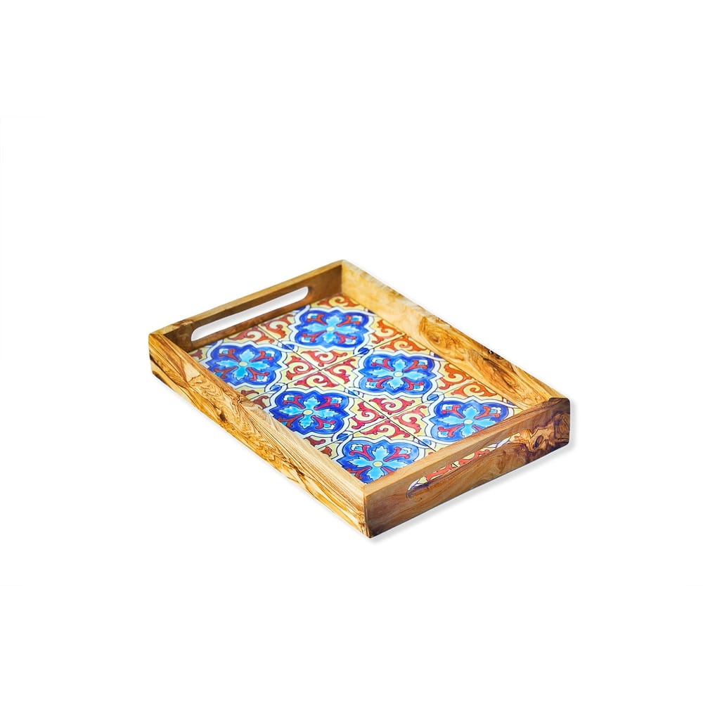 Olive Wood Serving Tray with Ergonomic Handles (Alhambra Design) Bed