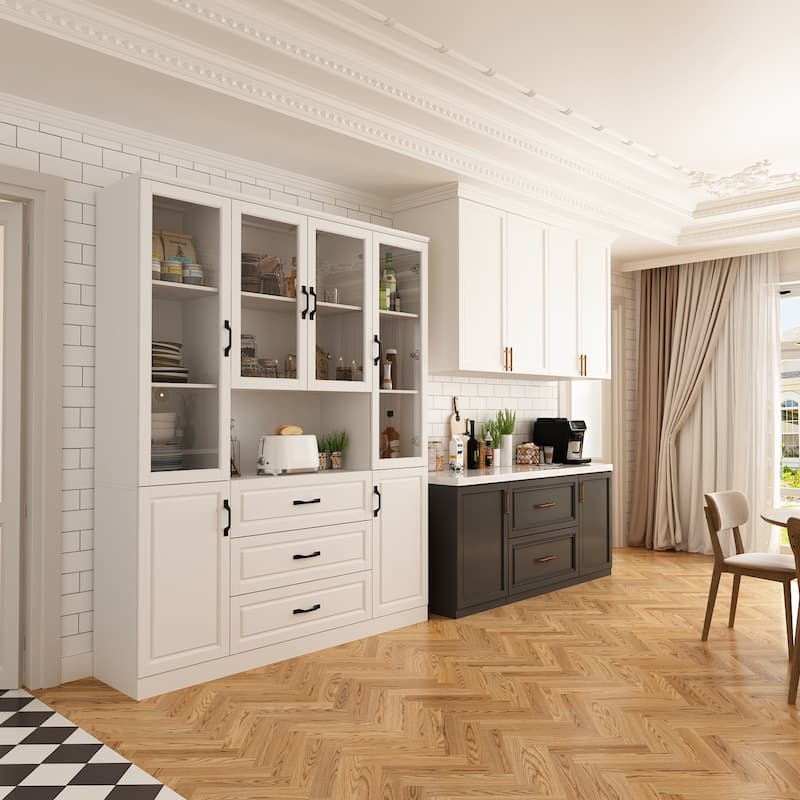Large White Buffet Elegant Kitchen Cabinet with Glass Doors Dislplay