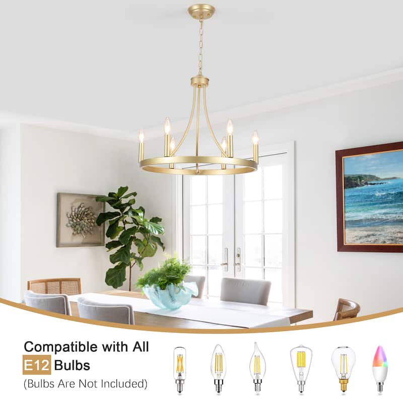 6-Light Farmhouse Candle Circle Hanging Wagon Wheel Chandelier Lighting for Kitchen Island