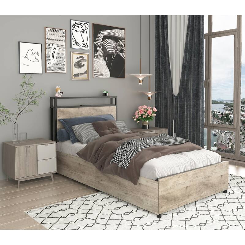 Full Size Bed Frame with Storage Headboard, Charging Station, LED Lights, Noise-Free Design, 4 Storage Drawers