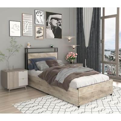 Smart Platform Bed Frame with Storage Drawers, LED Lights and Charging Station Headboard, No Box Spring Needed