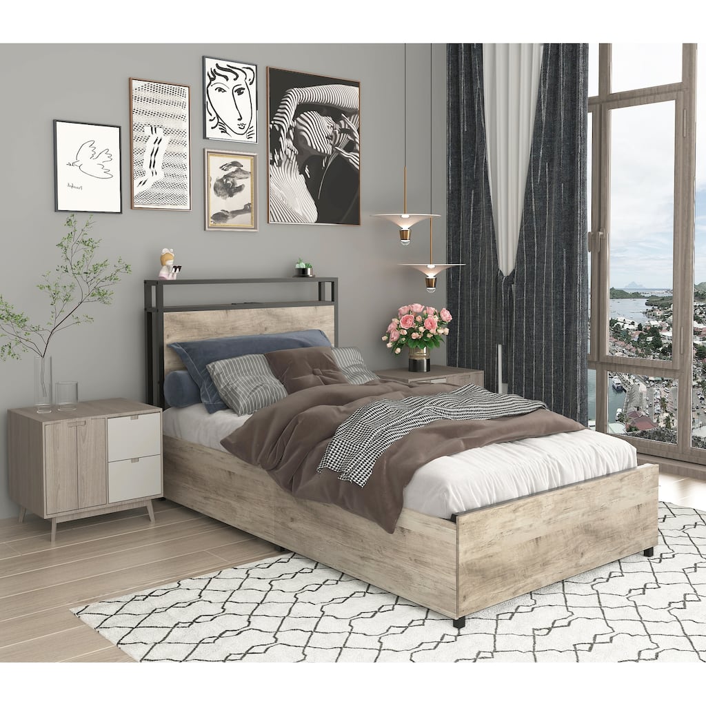 Smart Platform Bed Frame with Storage Drawers, LED Lights and Charging Station Headboard, No Box Spring Needed