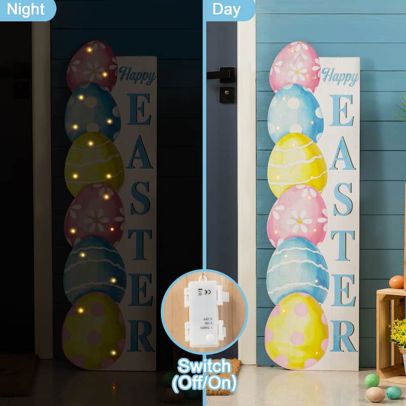 Glitzhome 42"H Lighted Wooden Stacked Eggs Happy Easter Porch Sign with Timer
