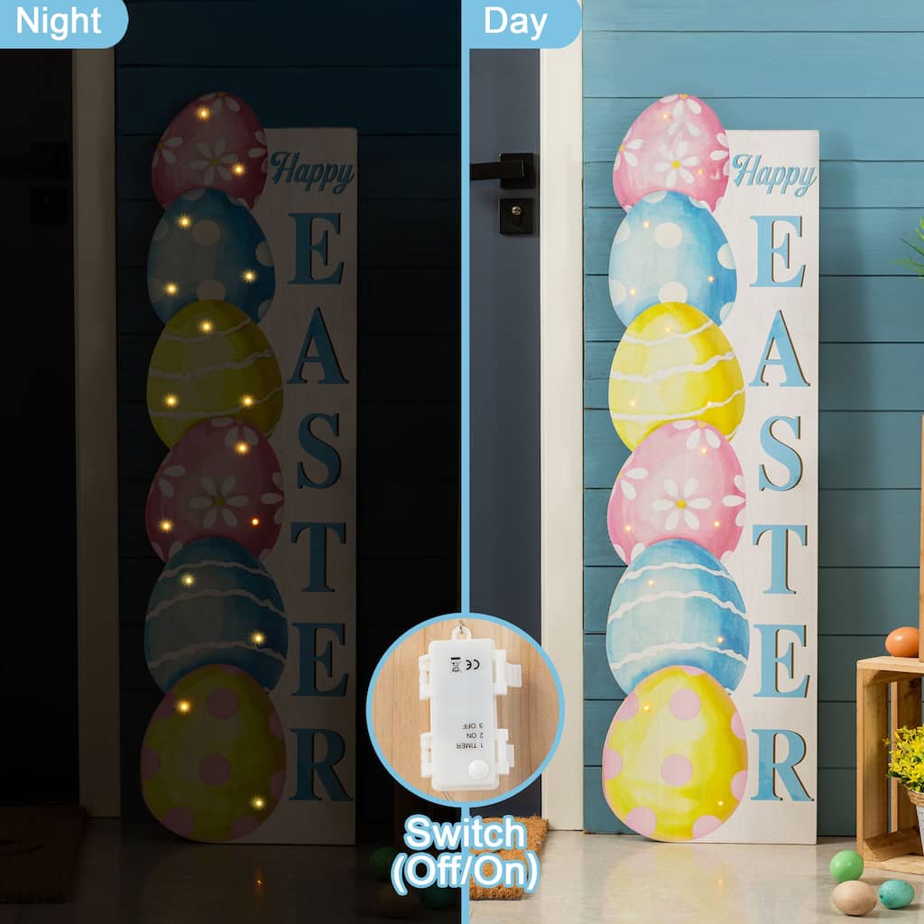 Glitzhome 42"H Lighted Wooden Stacked Eggs Happy Easter Porch Sign with Timer