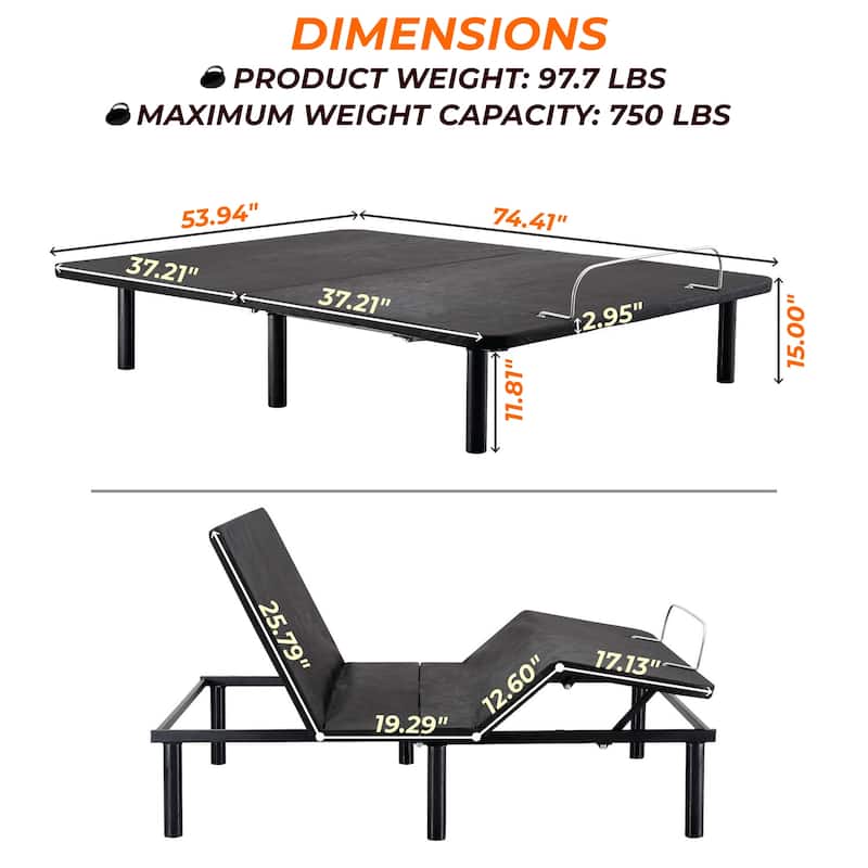 Adjustable Bed Base Frame with Zero-Gravity Positioning, Massage Options and Independent head and Foot Incline Adjustments