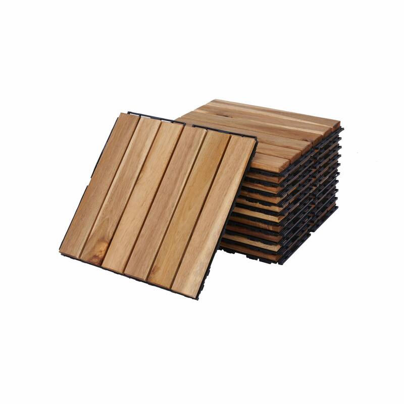 Interlocking Deck Tiles Striped Pattern, 12" x 12" Square Acacia Hardwood Outdoor Flooring