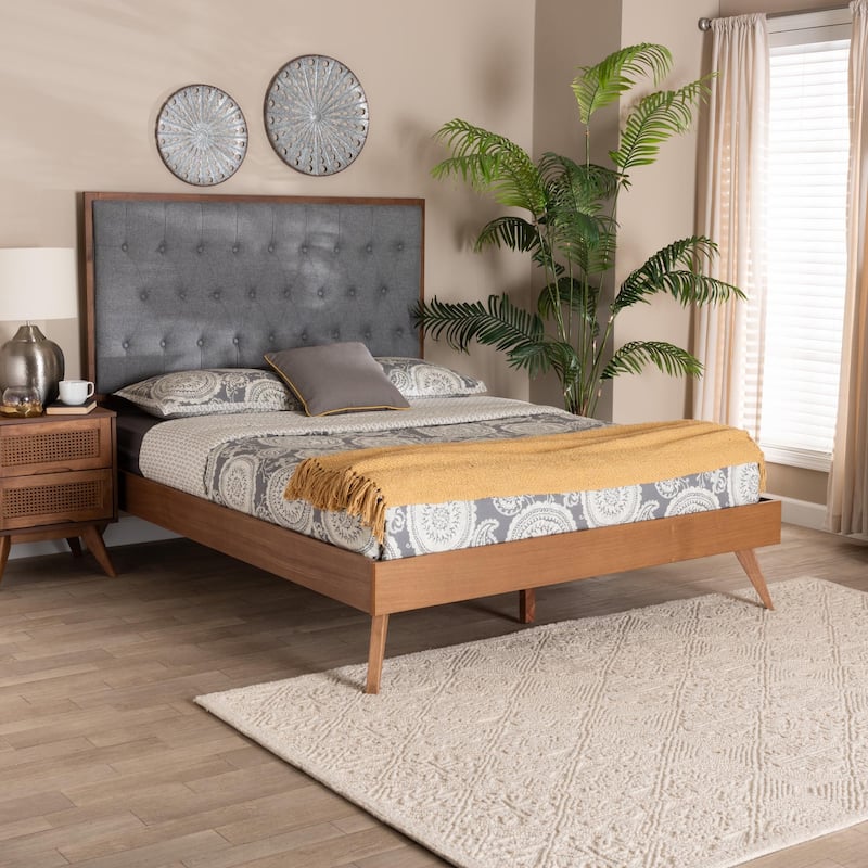 Dericia Classic and Traditional Grey Fabric and Walnut Brown Finished Wood Platform Bed