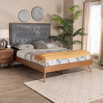 Dericia Classic and Traditional Grey Fabric and Walnut Brown Finished Wood Platform Bed