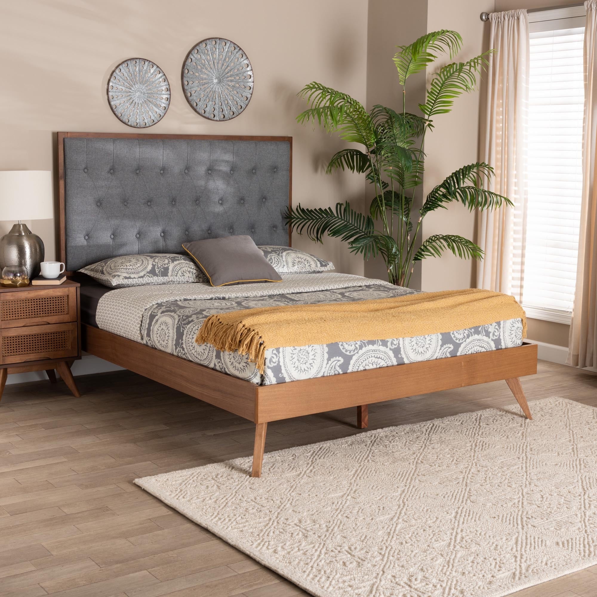 Dericia Classic and Traditional Grey Fabric and Walnut Brown Finished Wood Platform Bed