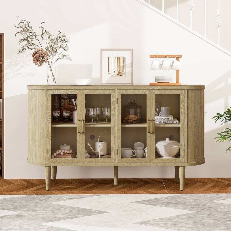 Farmhouse 60" Sideboard Cabinet with Glass Doors Adjustable Shelves for Stylish Kitchen Storage - Natural