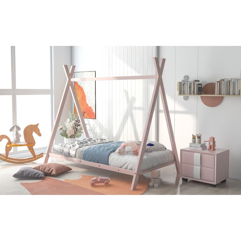 House Bed Tent Bed Frame Twin Size Metal Floor Play House Bed with Slat for Kids Girls Boys,No Box Spring Needed Black