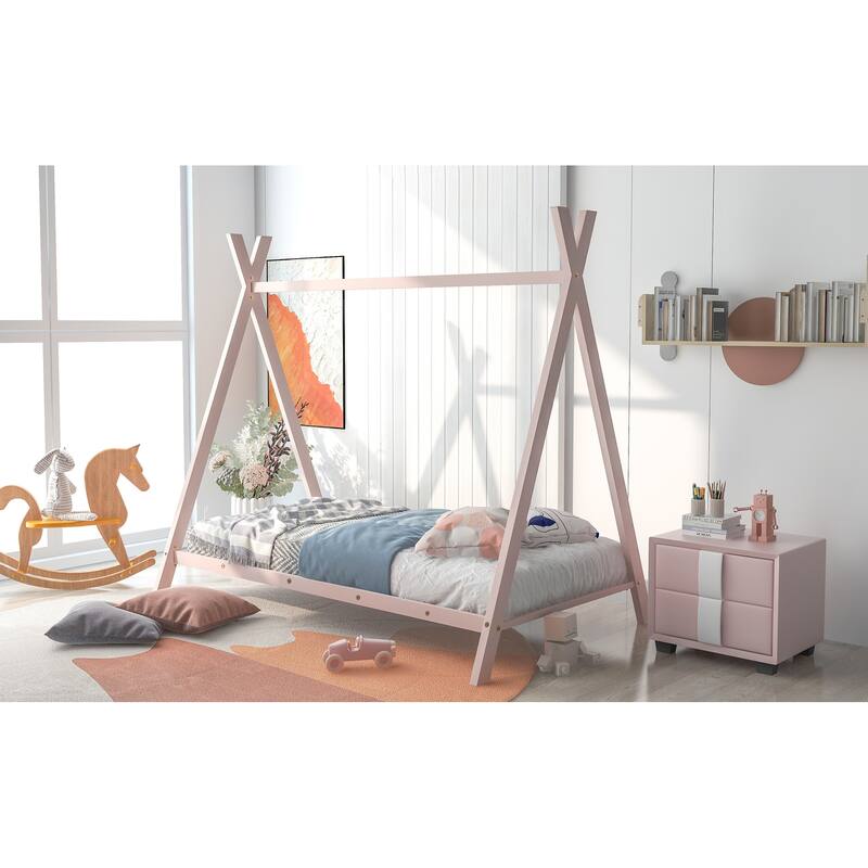 Twin Size Metal House Bed Frame for Kids with Slats, No Box Spring Needed, Pink