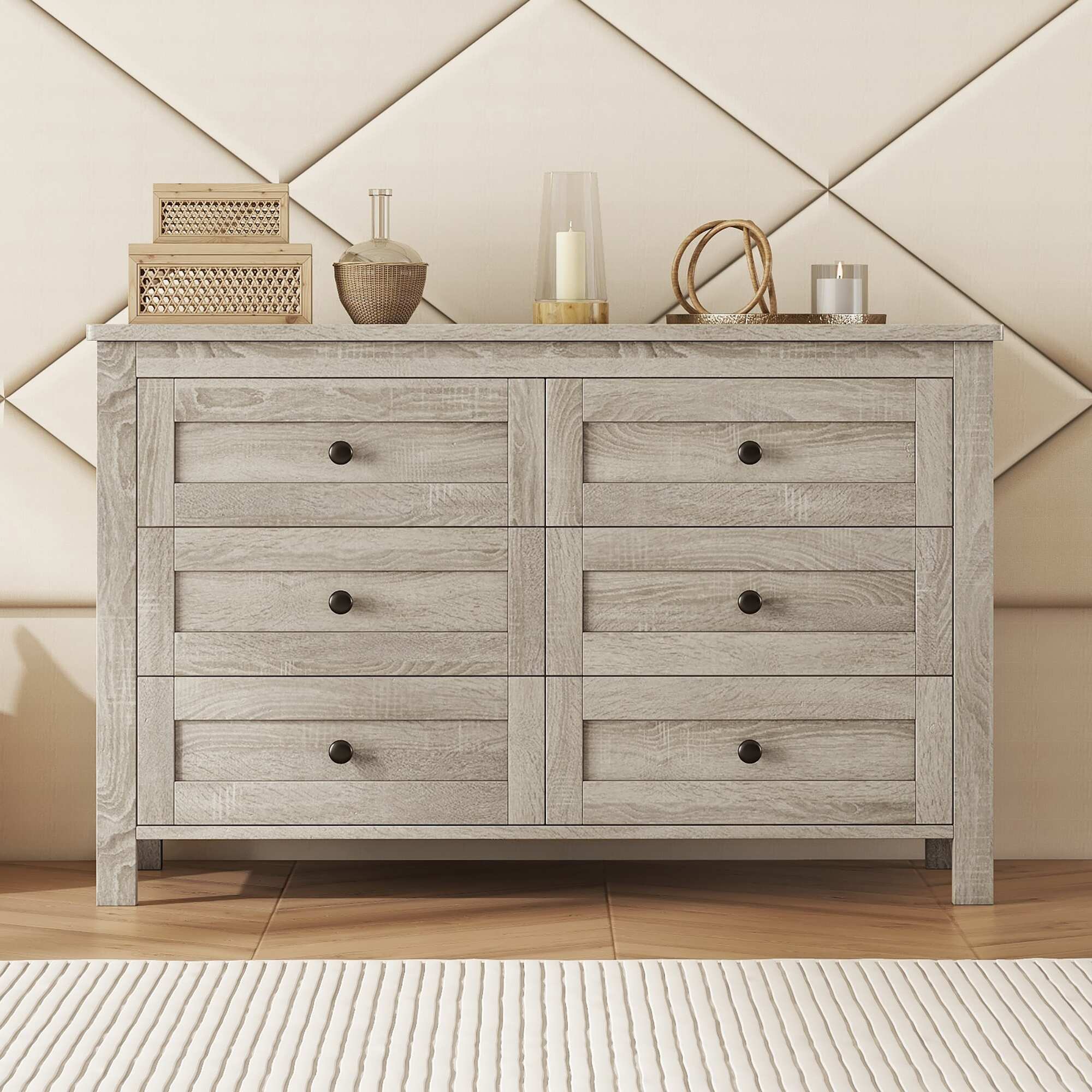Farmhouse Wooden Dresser with 6 Drawers, Chest of Drawers Storage Organizer for Bedroom Living Room