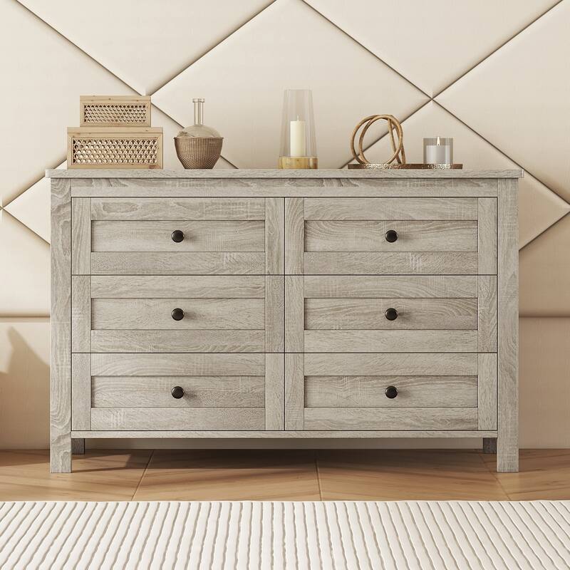 Farmhouse Wooden Dresser with 6 Drawers, Chest of Drawers Storage Organizer for Bedroom Living Room - Antique Gray - 6-drawer