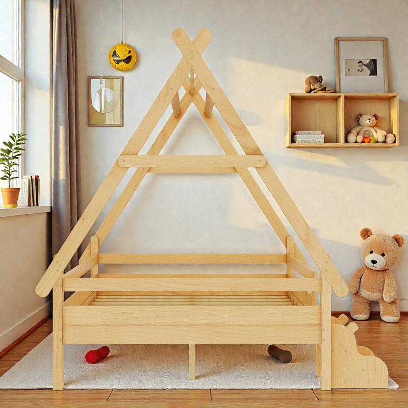 Twin/Full House Platform Bed with Stairs, Solid Wood Low Profile Kids Bed Frame, Fun Playhouse Design for Children