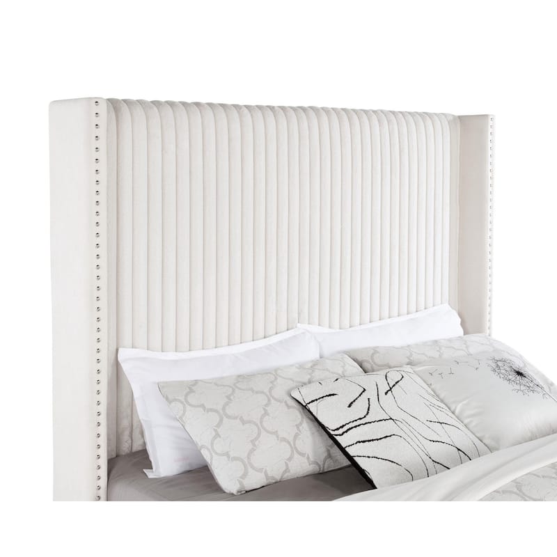 Asy Queen Bed, Channel Tufted Wingback Headboard, White Upholstery