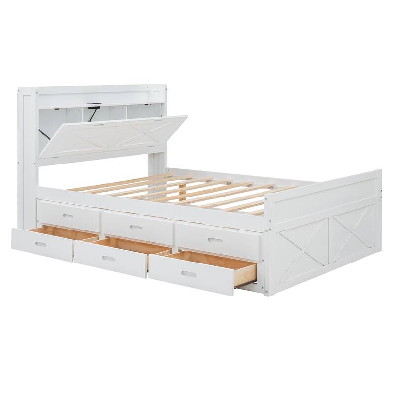 Full Size Wooden Storage Bed with Headboard Outlets, Extendable Trundle and Three Drawers, White