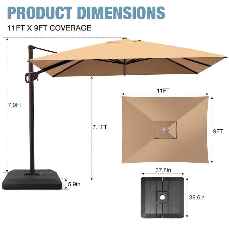 Outdoor 9 x 11 Ft Cantilever Patio Umbrella 360 Degree Rotation with Weight Base