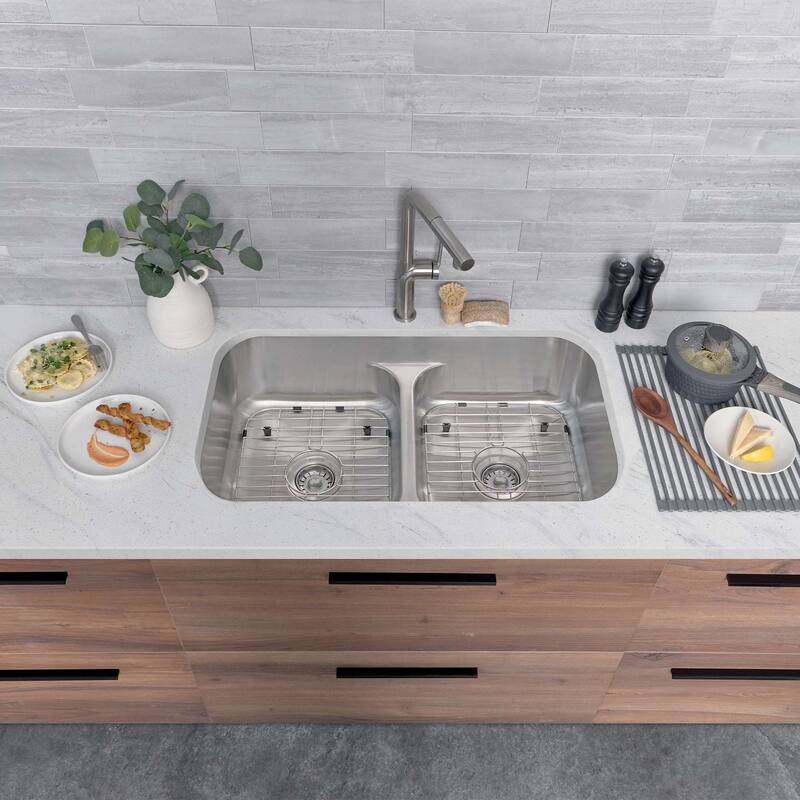 STYLISH 32.25 inch Low Divider Double Bowl Undermount and Drop-in Kitchen Sink - 32.25" x 18.9" x 9"