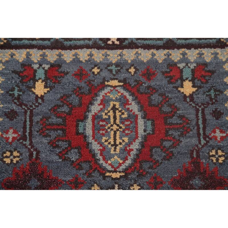 Geometric Kazak Runner Rug Handmade Blue Traditional Wool Carpet - 2'8"x 8'0"